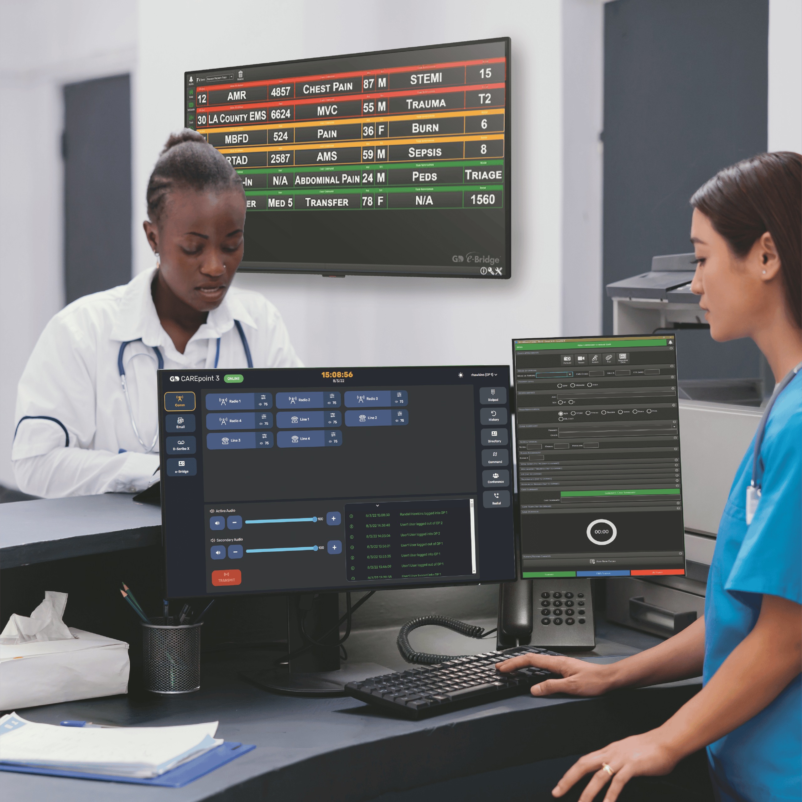 General Devices promotional image showing a CAREpoint 3 workstation and an incoming-patient display