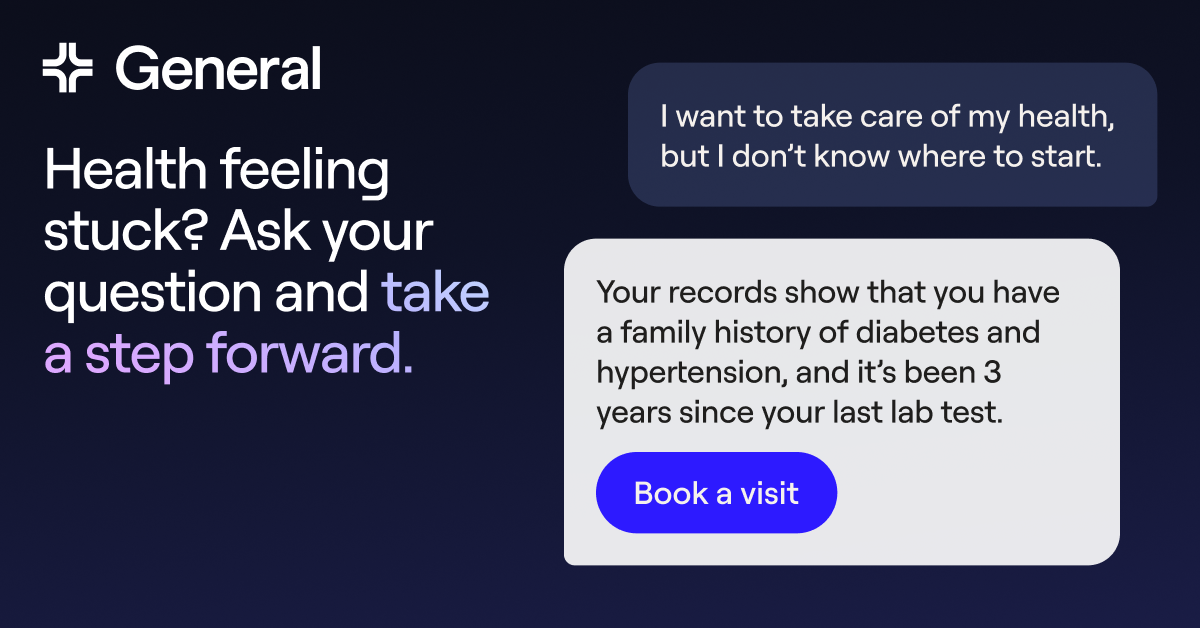 General AI product illustration showing a health question and a suggested next step