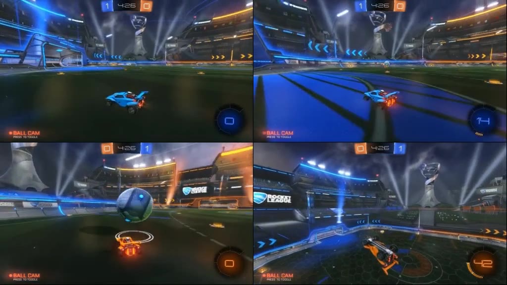 Four synchronized player views in the MIRA Rocket League world model
