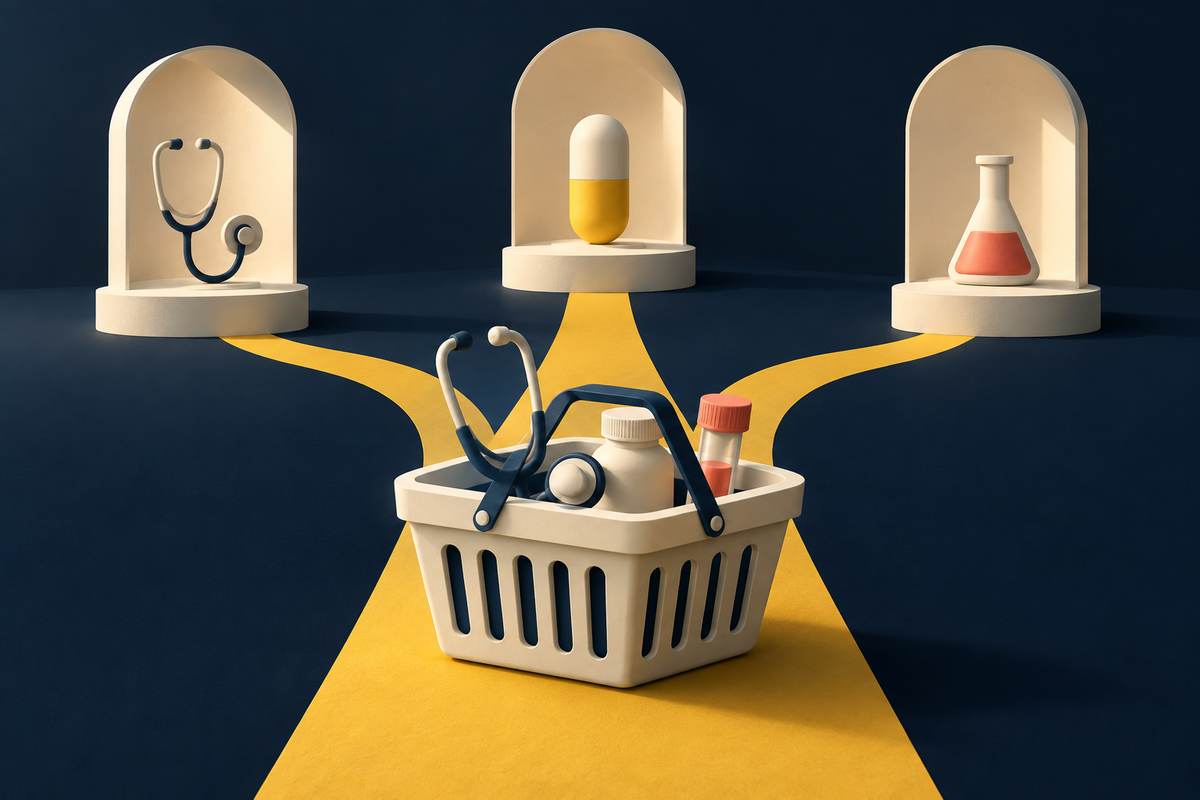 Minimalist illustration of a healthcare shopping basket with paths to a consultation, medicine and a lab test