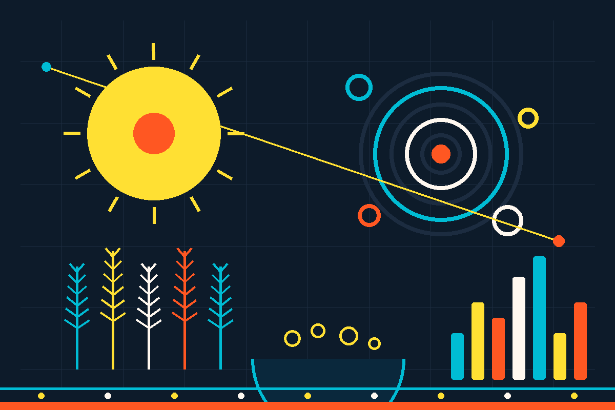 Swiss-style poster illustration of grain, cereal rings, a rising sun and sales bars representing General Mills