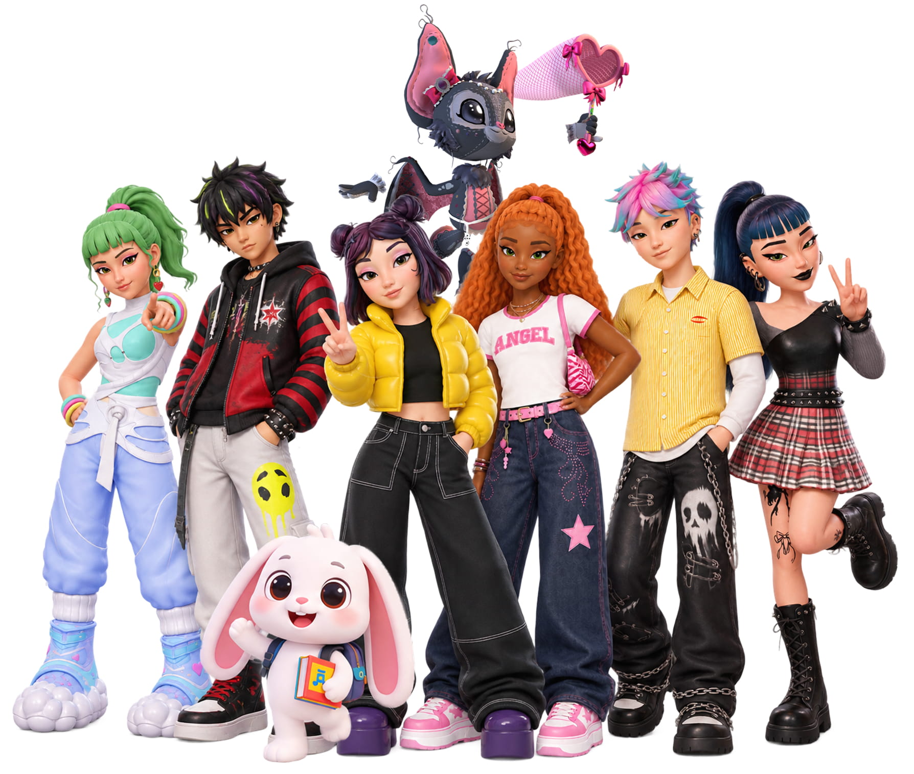 A lineup of colorful stylized 3D Genies avatars and companion creatures