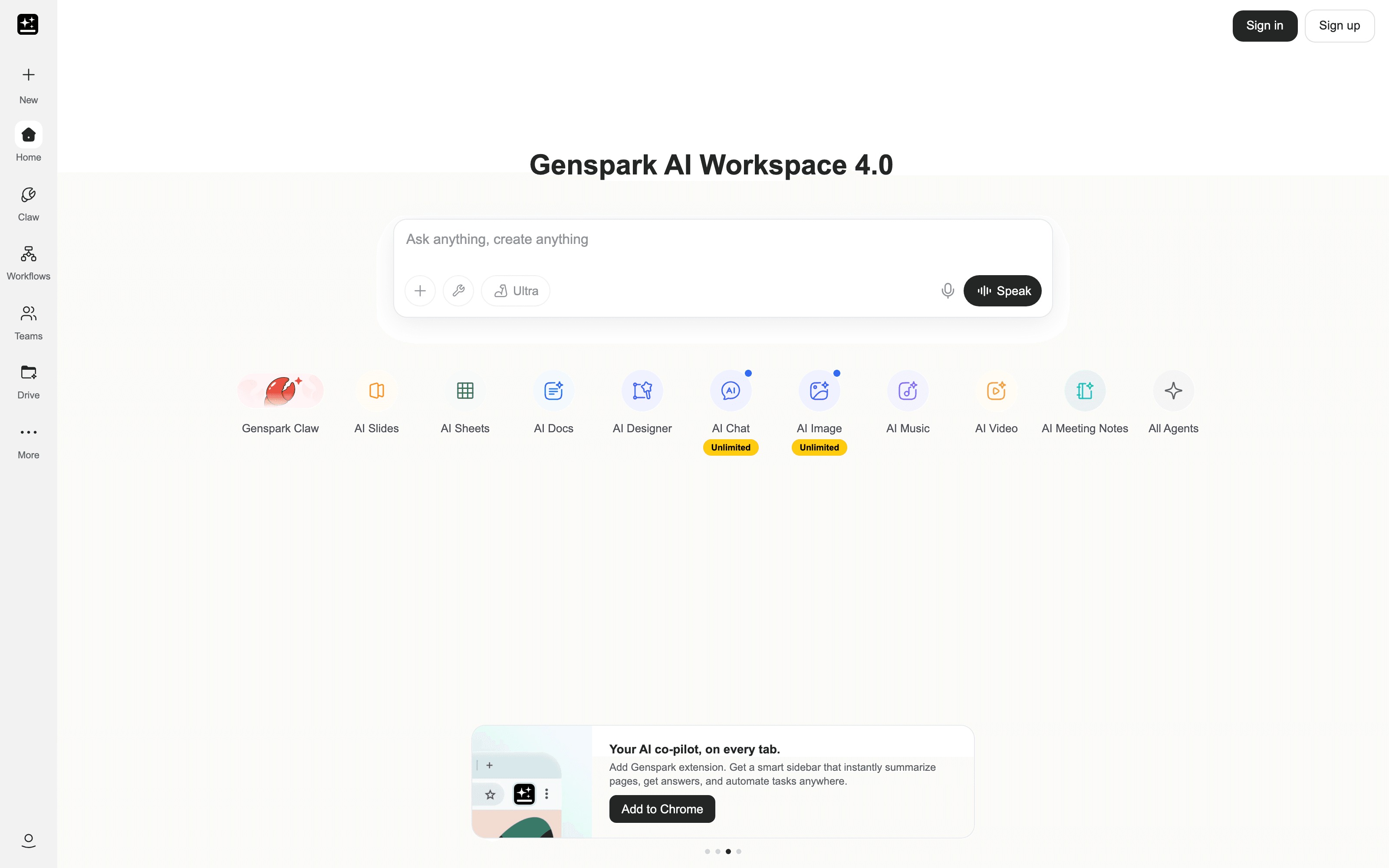 Genspark AI Workspace interface showing a central prompt and tools for slides, sheets, documents, coding and more