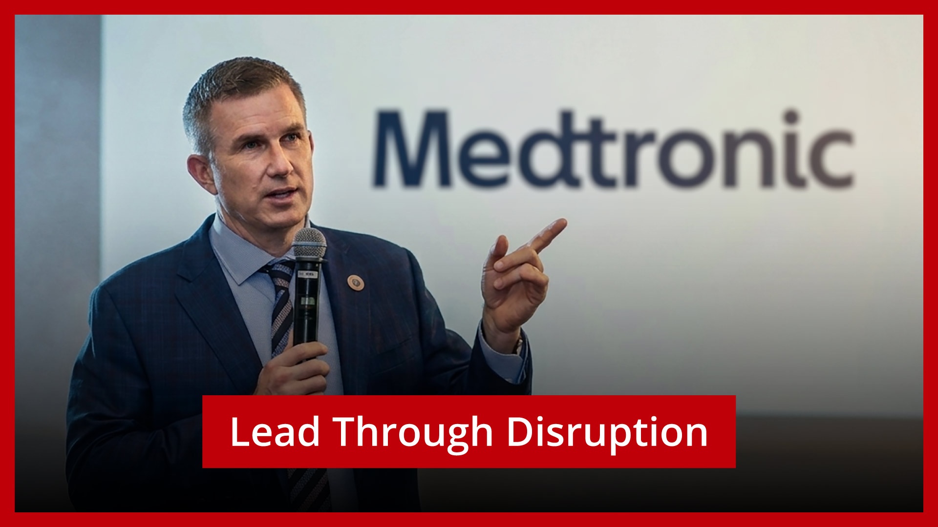 Geoff Martha holding a microphone and gesturing while speaking, in CEIBS leadership-video artwork