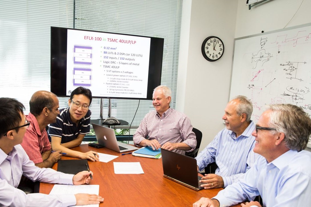 Cheng Wang and Geoff Tate meet with Flex Logix colleagues around a table