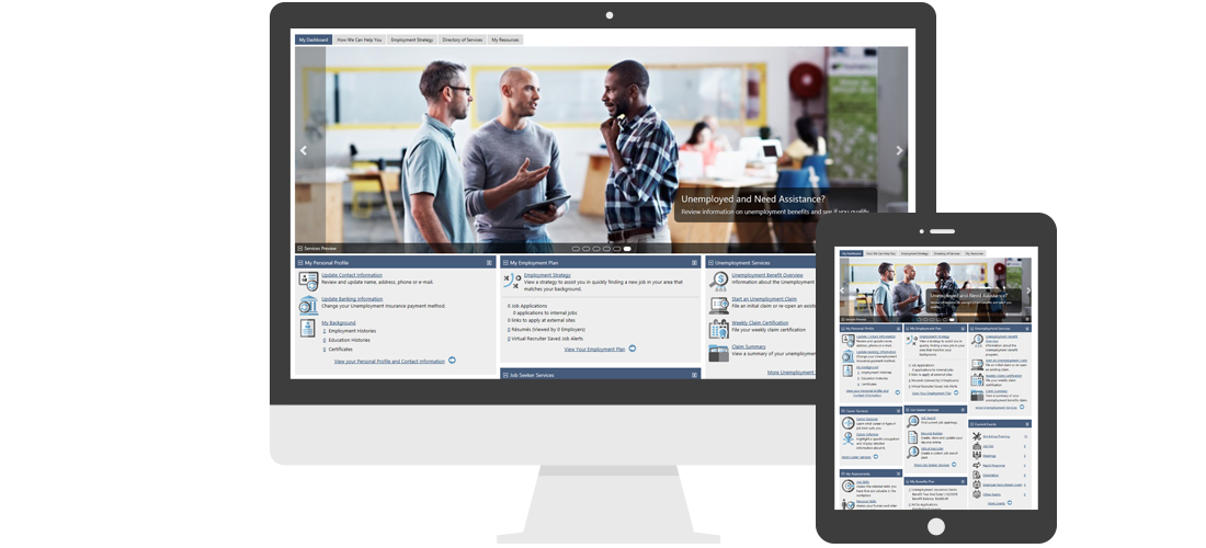 Geographic Solutions unemployment software displayed on a desktop monitor and tablet