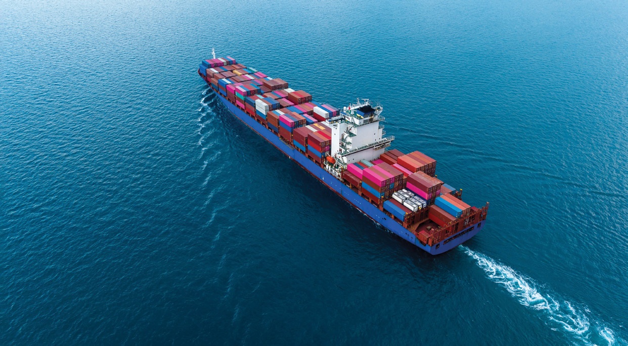 A container ship underway at sea, illustrating the marine navigation applications of Teledyne products