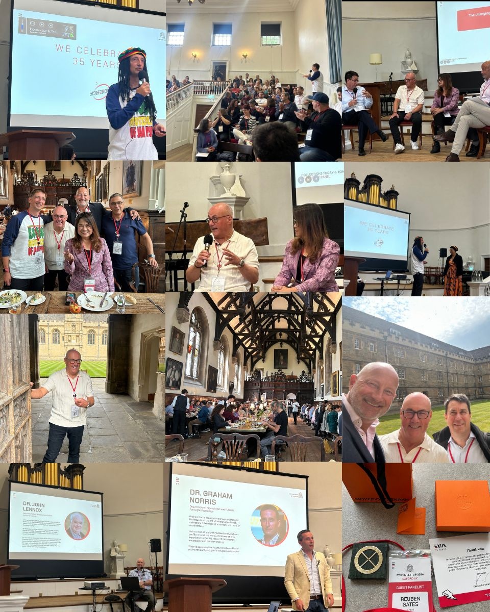 Collage of EXUS’s 35th-anniversary gathering in Oxford, with presentations, panel discussions and colleagues together