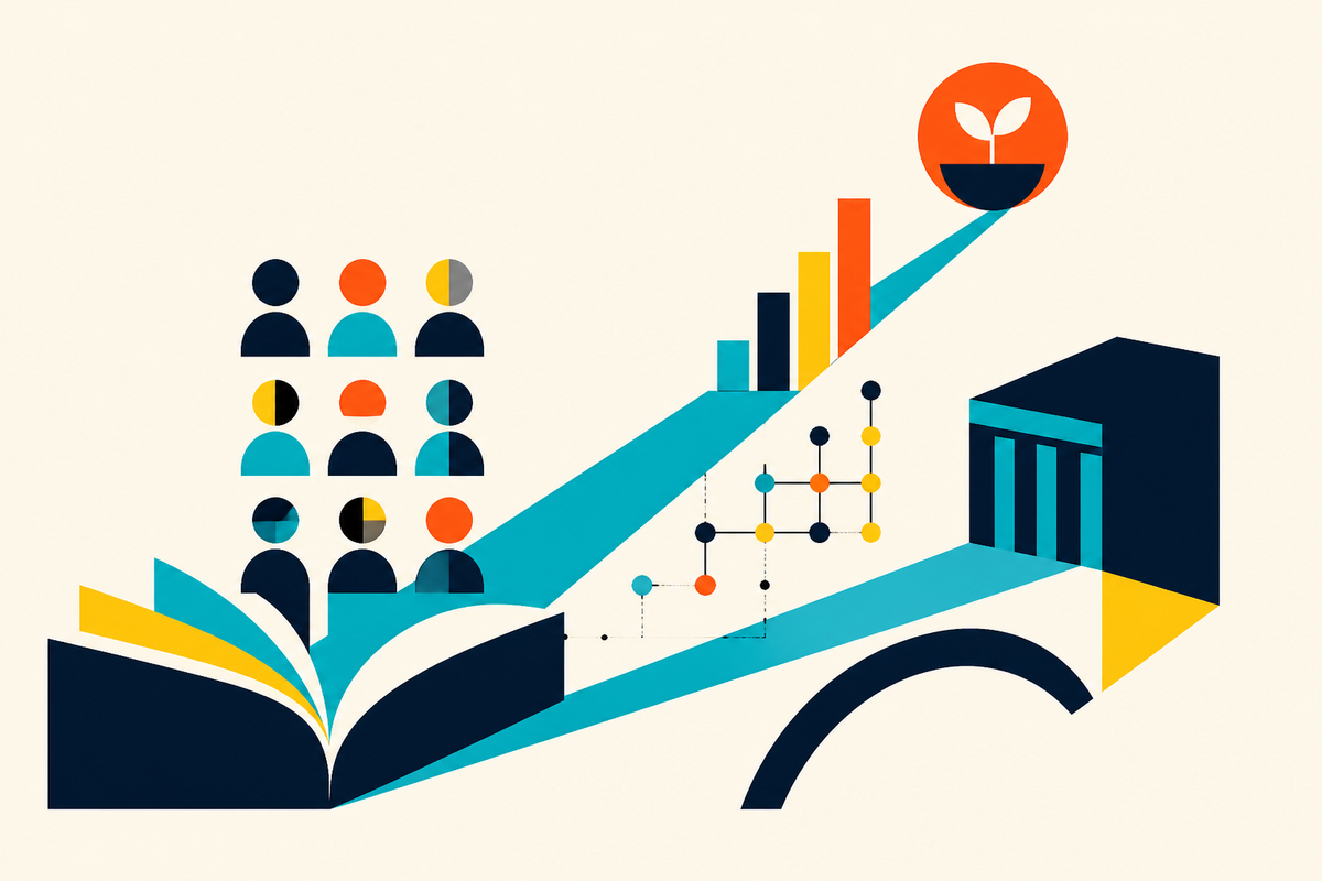 Abstract Swiss-style illustration of students moving from an open book toward investment analysis, an institution and a growing startup