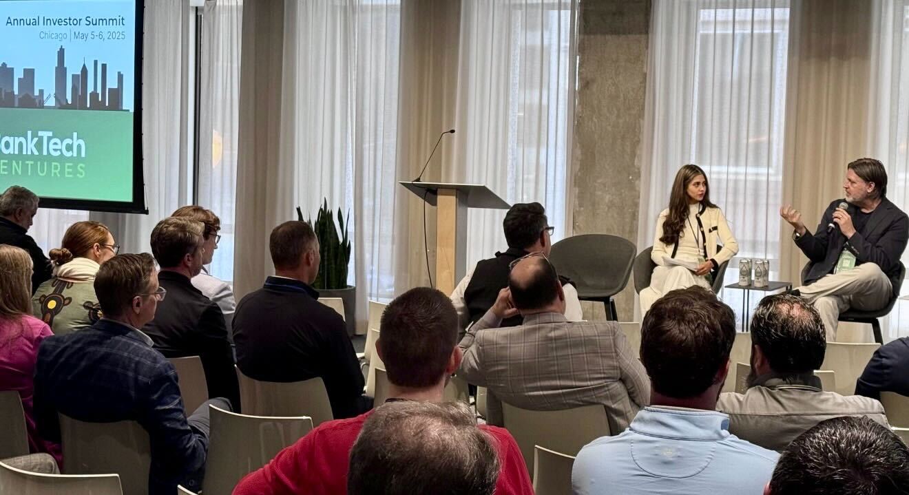 Georgina Merhom and Tim Heilman in a fireside conversation at a BankTech Ventures event