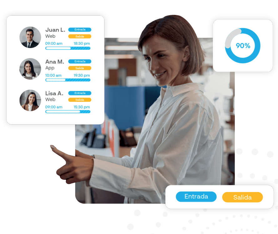 GeoVictoria promotional illustration combining a worker with sample web and app clock-in records