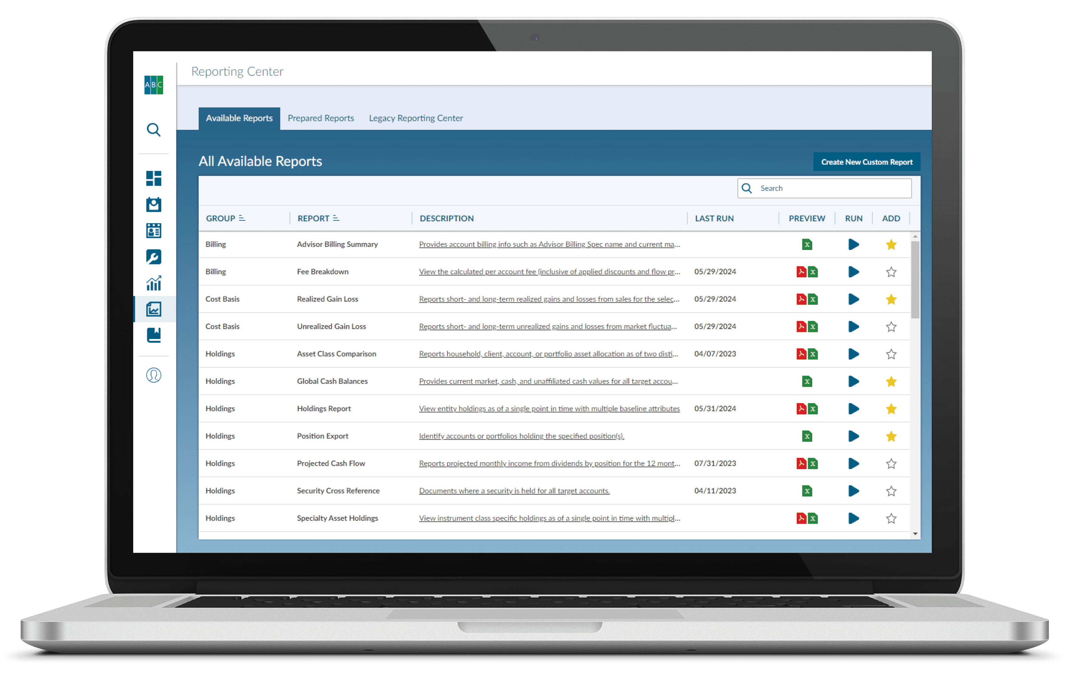 GeoWealth Reporting Center showing billing, cost-basis and holdings reports