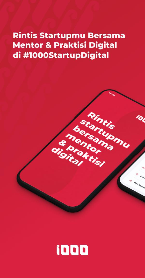 Official 1000 Startup Digital app promotional screen inviting users to build with mentors