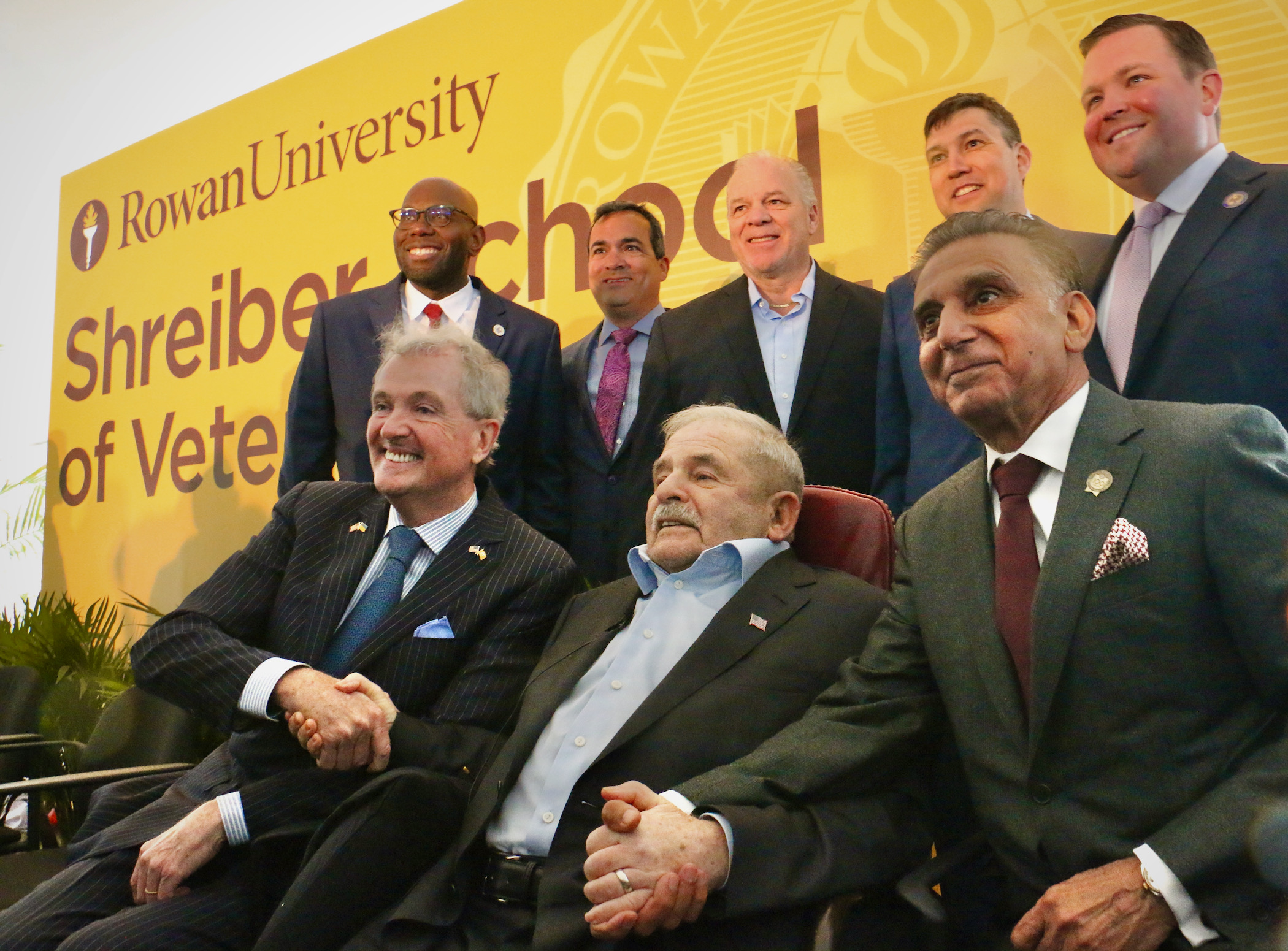 Phil Murphy, Gerald Shreiber and Ali Houshmand seated together at Rowan’s April 2023 groundbreaking ceremony