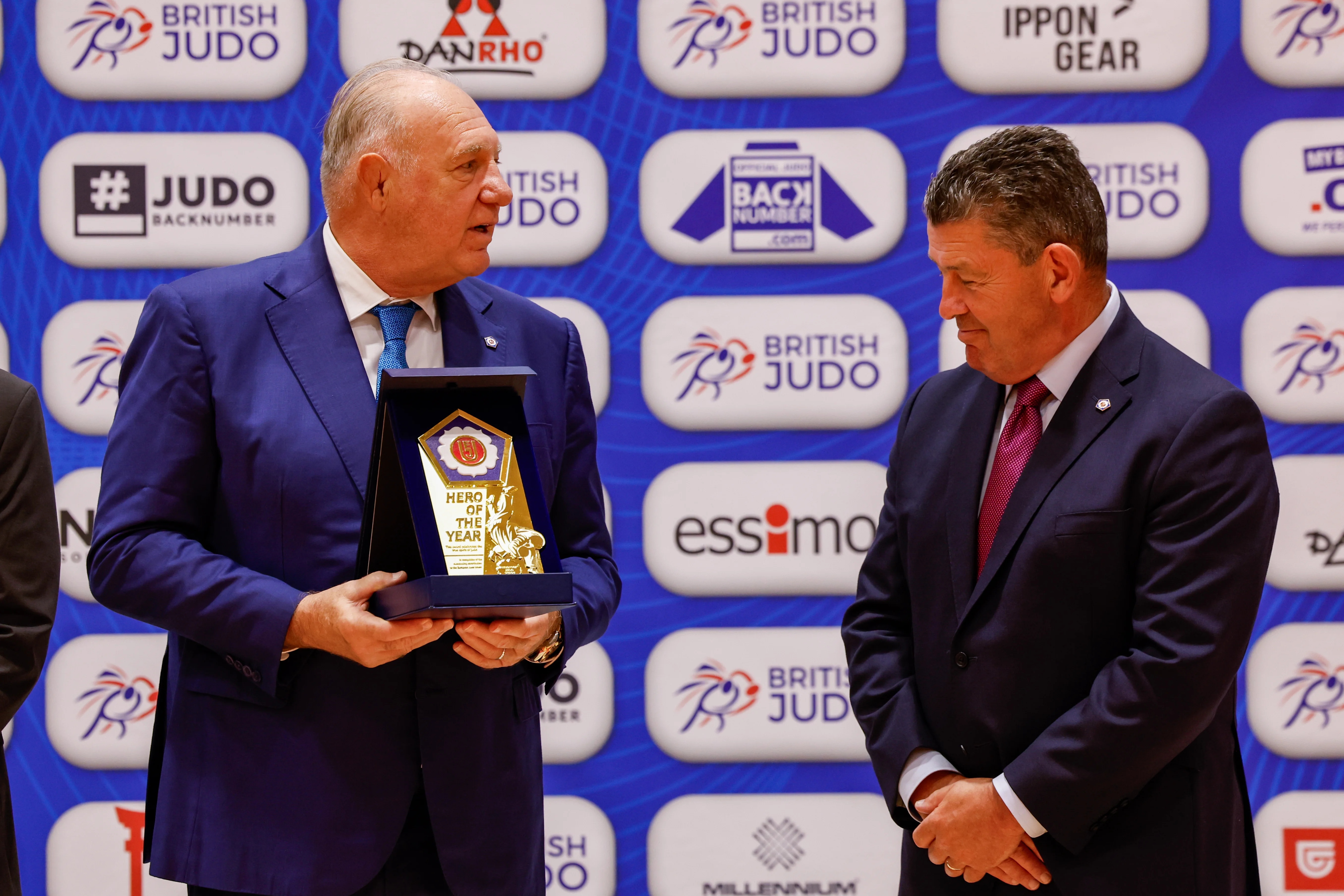 European Judo Union president László Tóth, left, with British Judo chair Gerry Gualtieri at the 2026 Uniformed Services Championships.