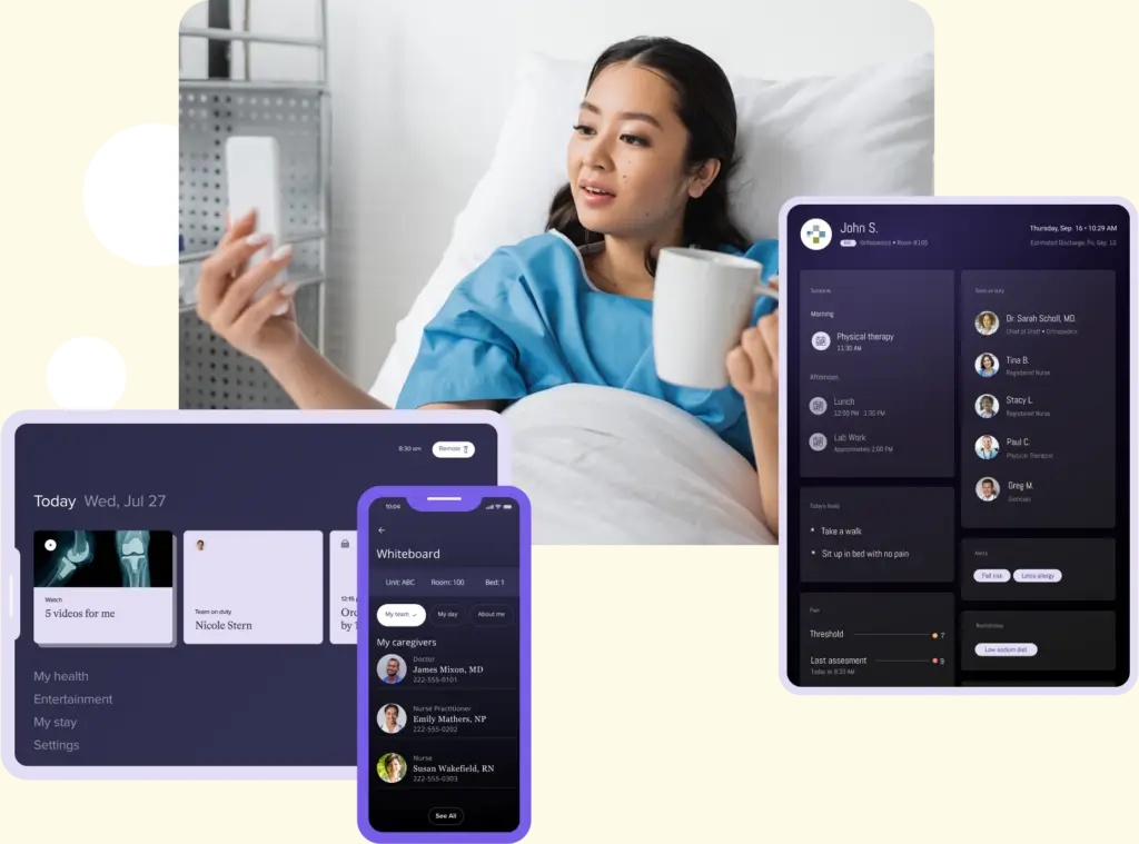 Get Well marketing composite showing a hospital patient alongside tablet and phone care interfaces