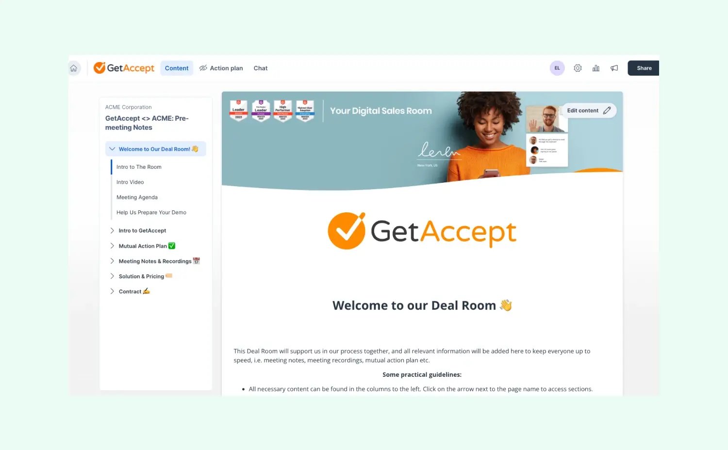A GetAccept Digital Sales Room showing content, an action plan and chat tabs