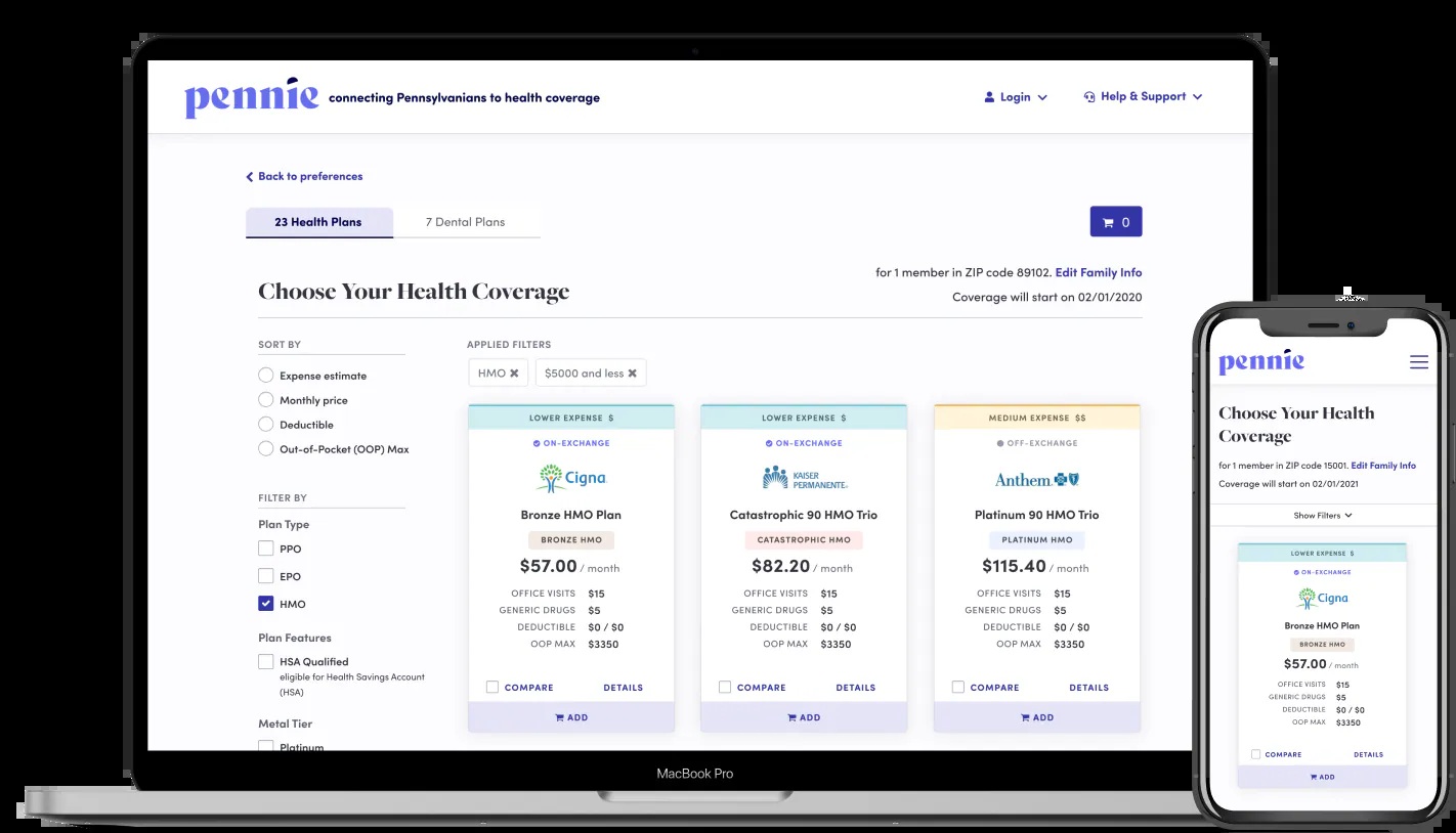 Company product mockup showing Pennie health plan comparison on a laptop and phone