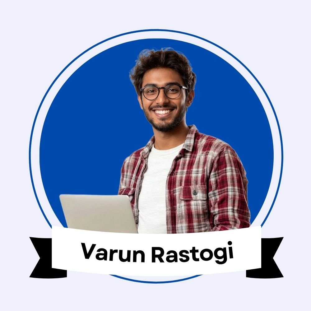 Company-published graphic labelled Varun Rastogi, featuring a man with a laptop against a blue circle.