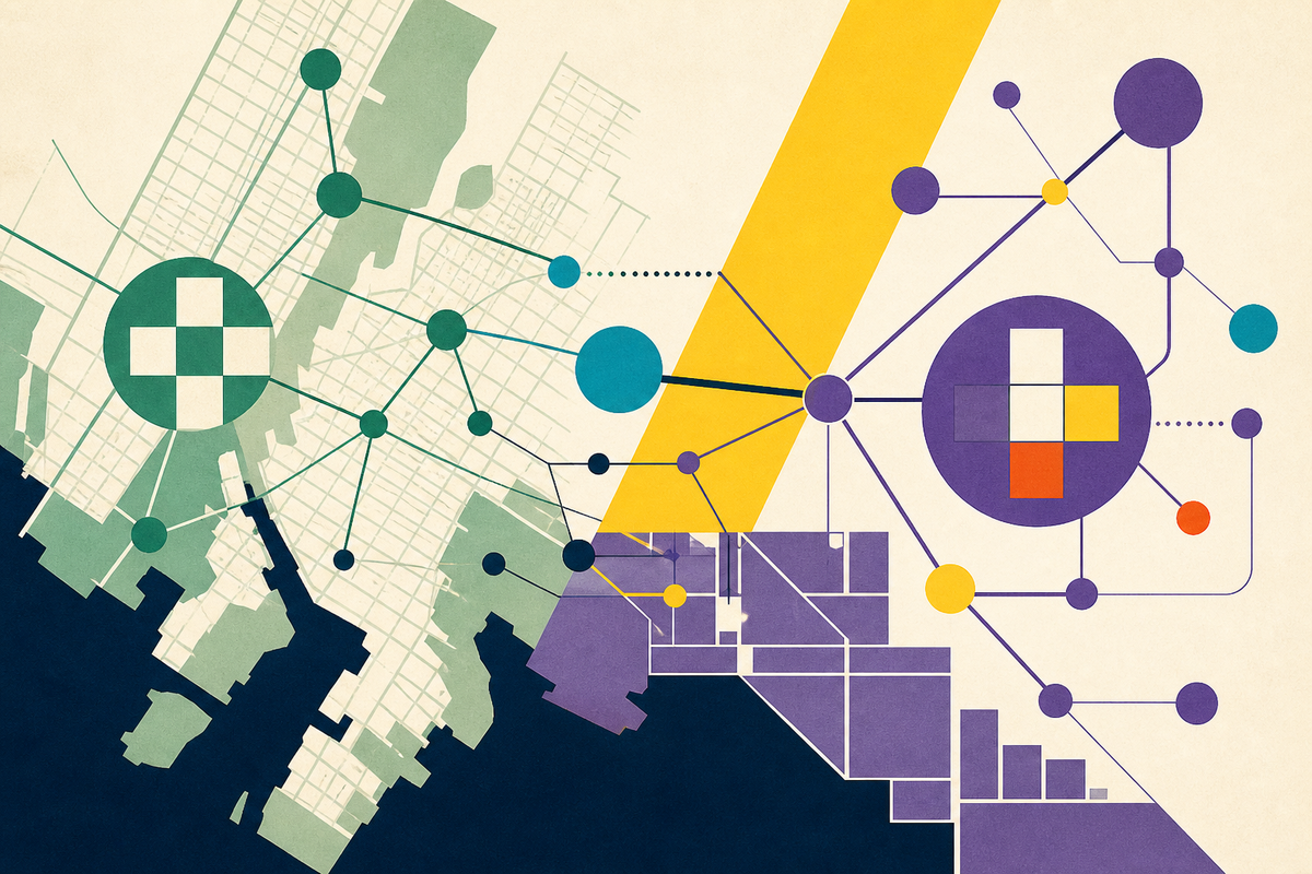 Abstract Swiss-style map of connected health-care networks moving across New York geometry