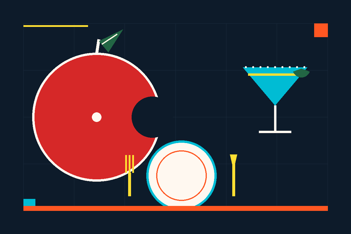 Swiss-style geometric illustration of grocery and food-service motifs