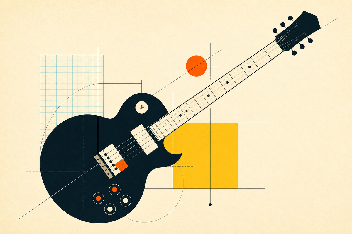 Abstract Swiss-style illustration of an electric guitar assembled from geometric forms