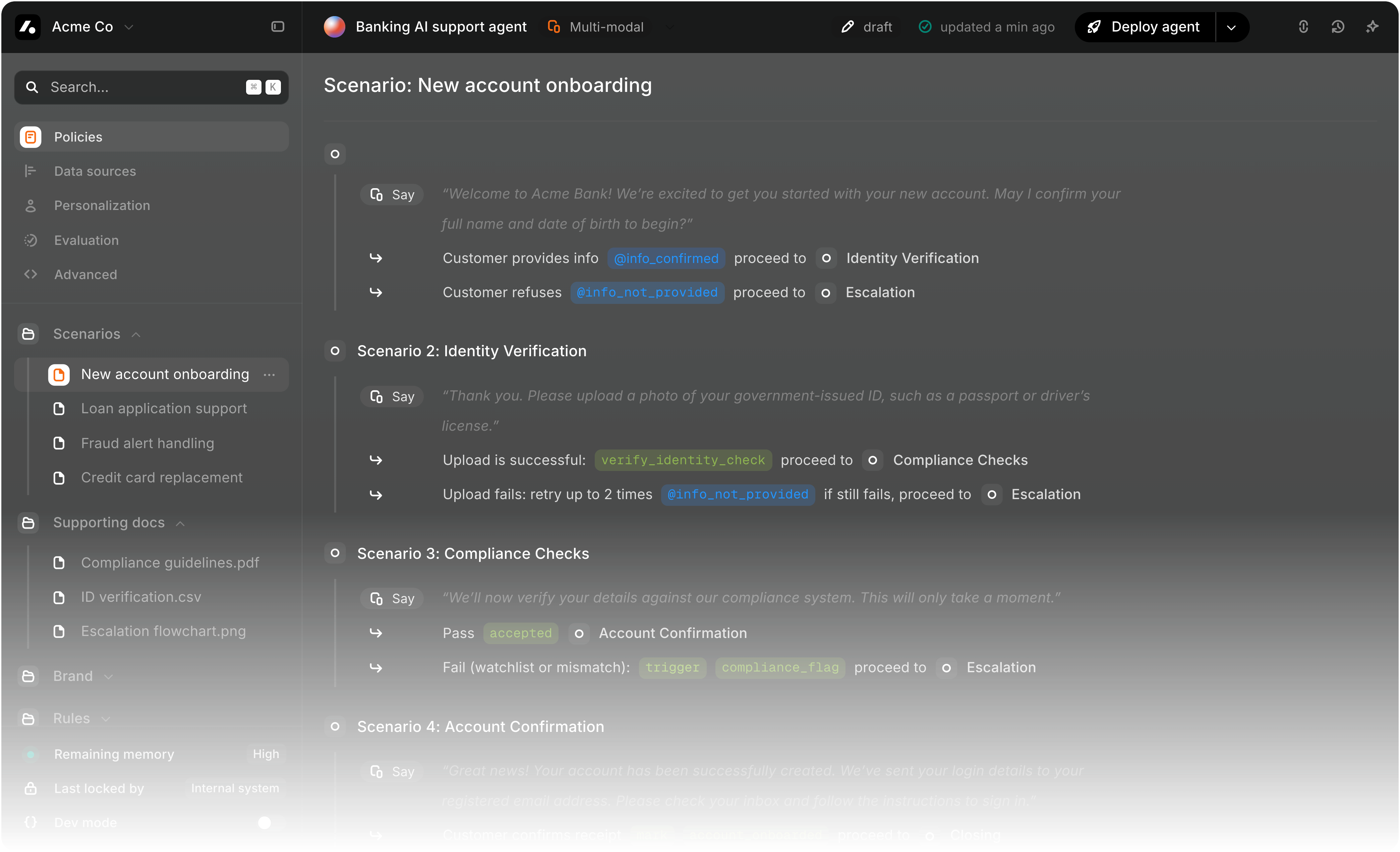 Giga Agent Canvas interface showing a customer support workflow