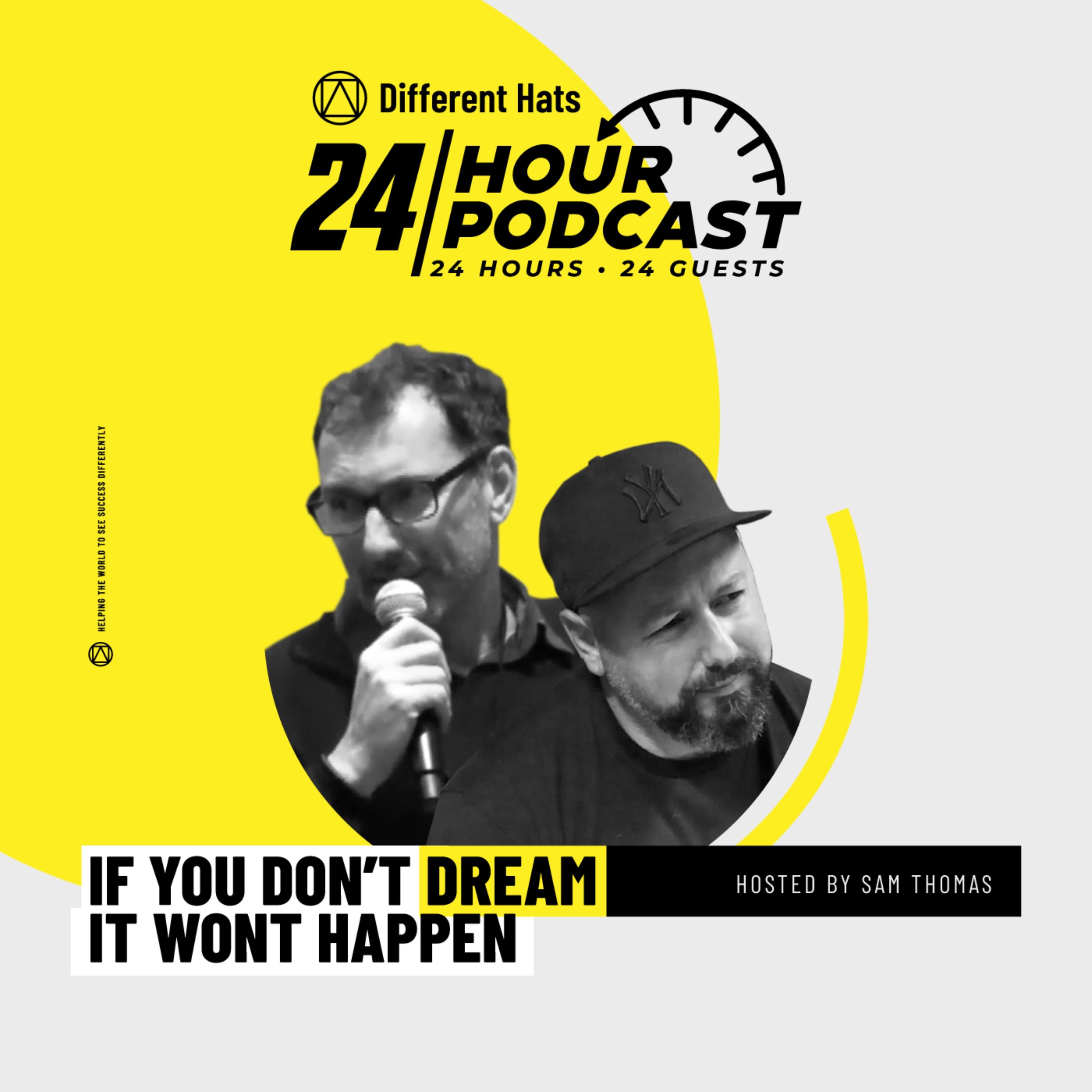 Different Hats episode artwork showing Giles Palmer with a microphone and host Sam Thomas