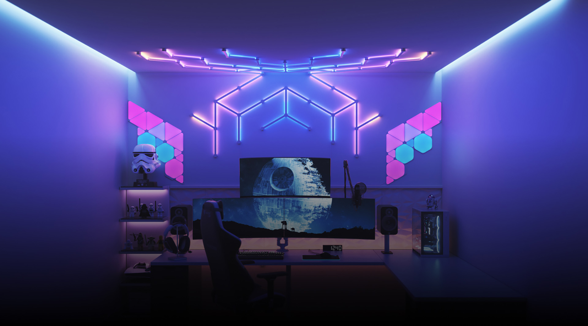 A colorful geometric Nanoleaf Shapes arrangement in an interior