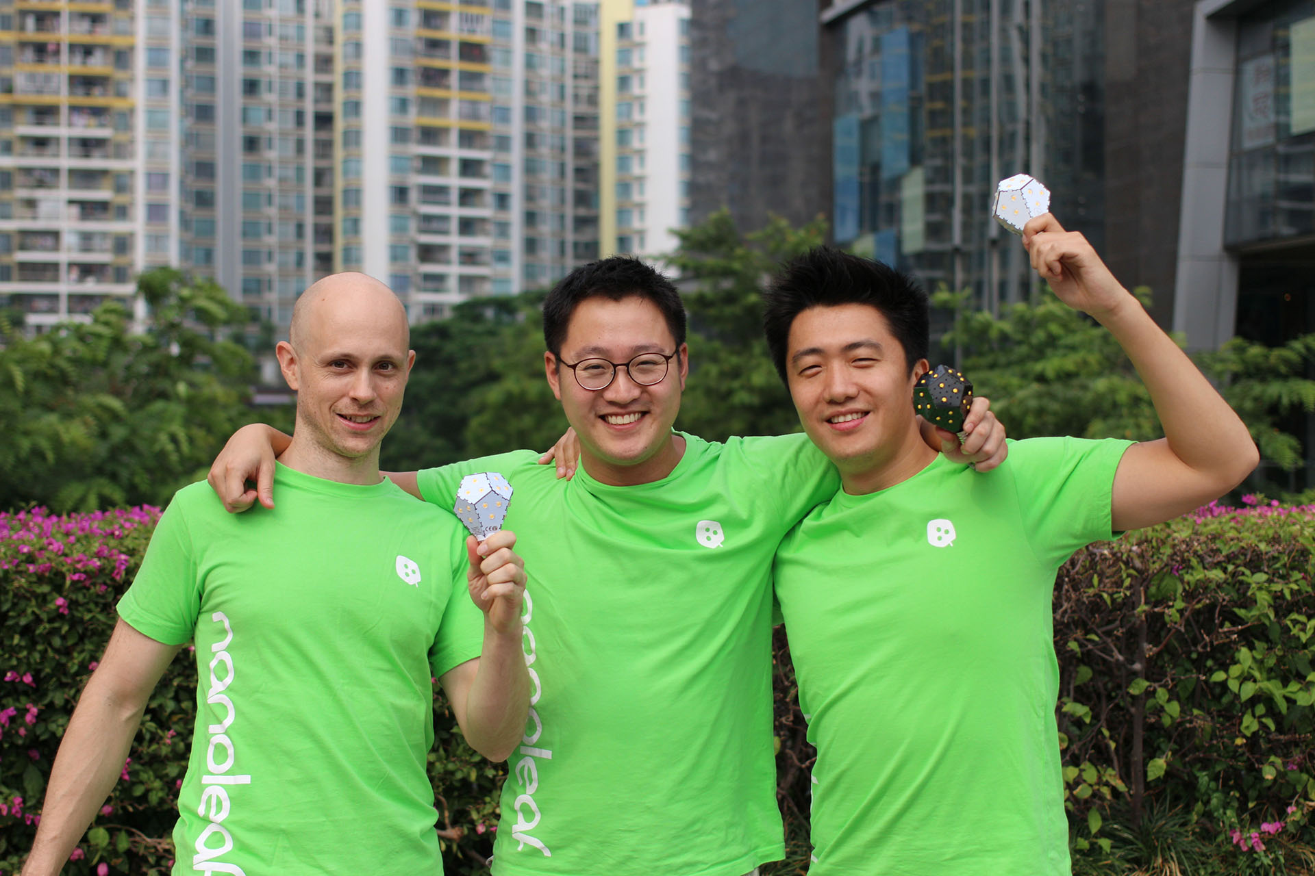 Nanoleaf founders Tom Rodinger, Gimmy Chu and Christian Yan standing together