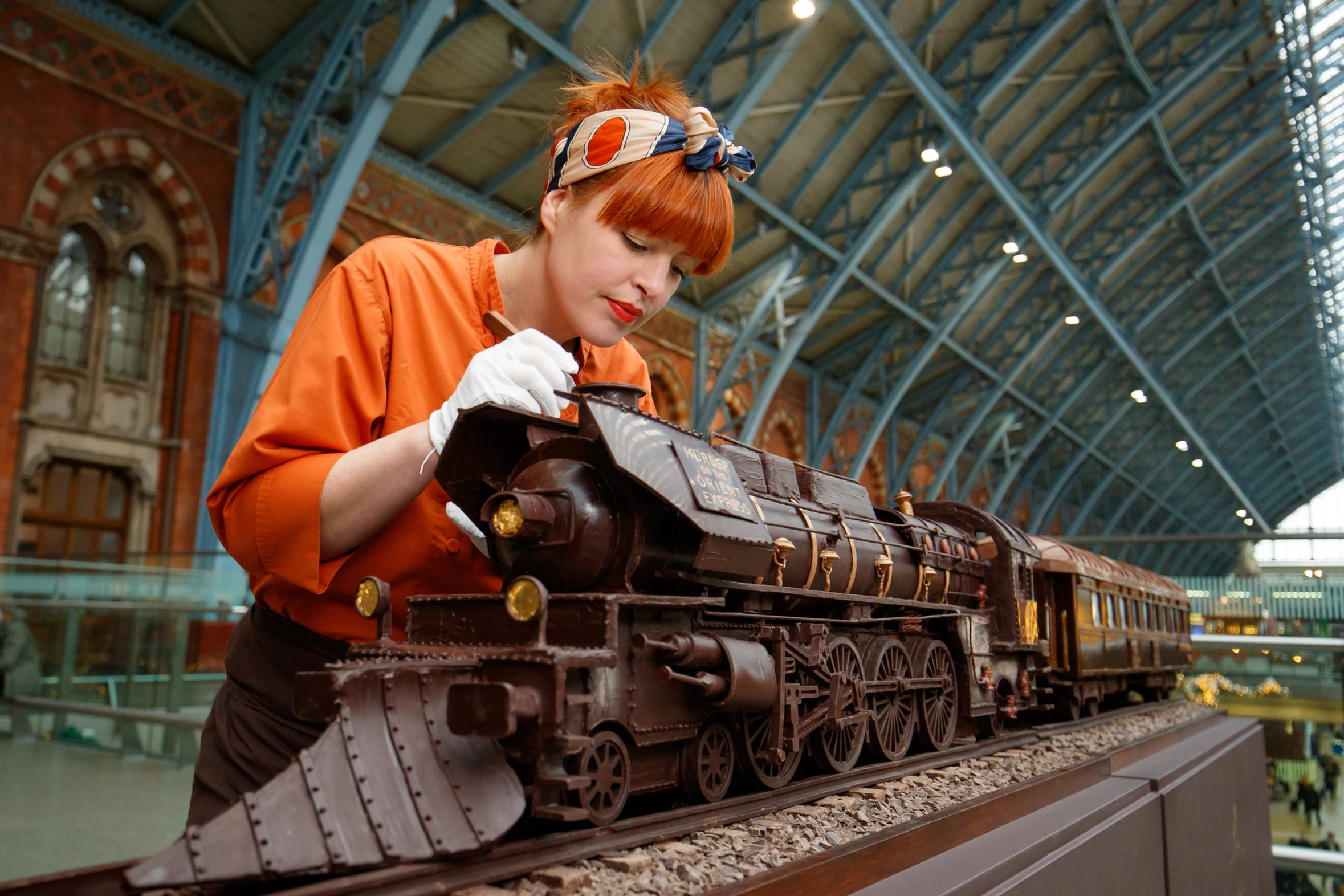 A detailed chocolate locomotive created for the Godiva and Murder on the Orient Express partnership