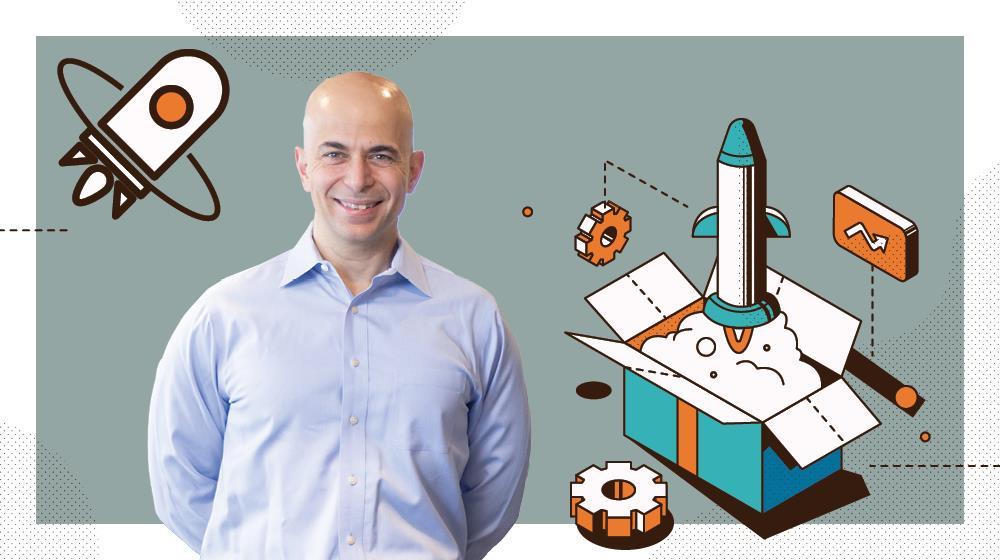 Giorgos Zacharia in a CBN editorial image with illustrated rockets and startup symbols