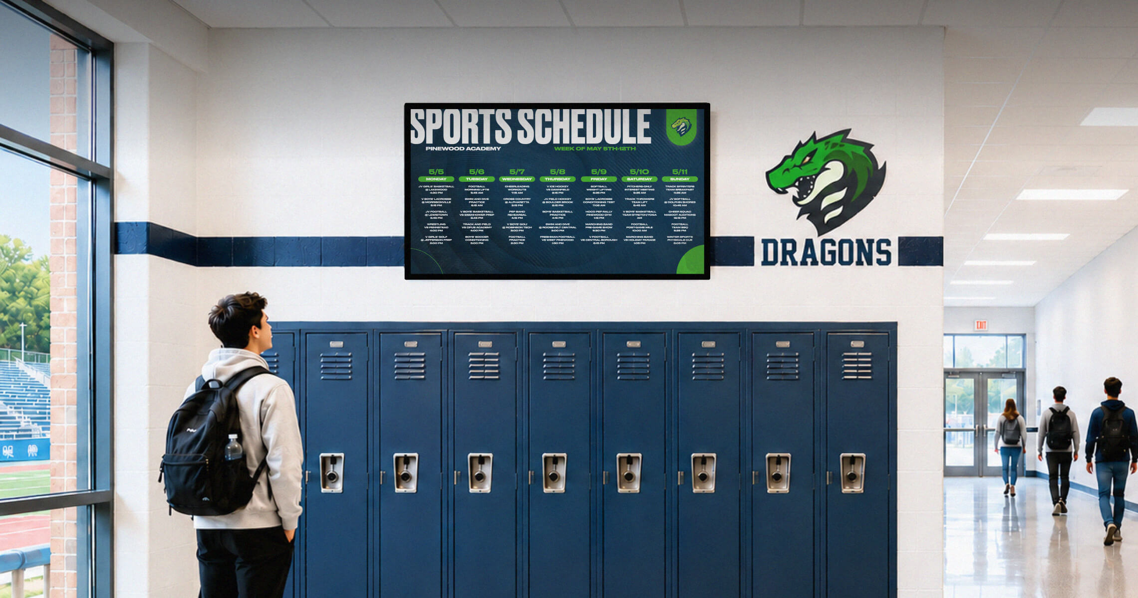 A Gipper Display sports schedule shown on a television above school lockers