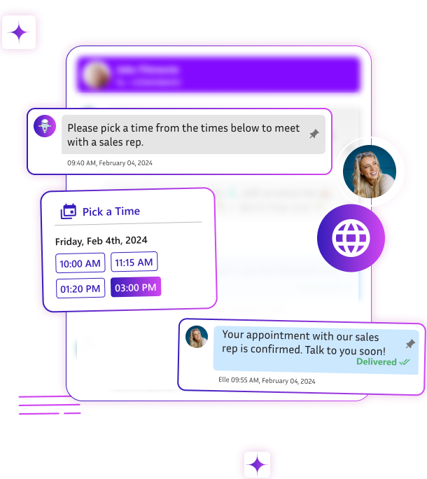 GirikSMS illustration showing a proposed meeting time, appointment choices, and a confirmation message