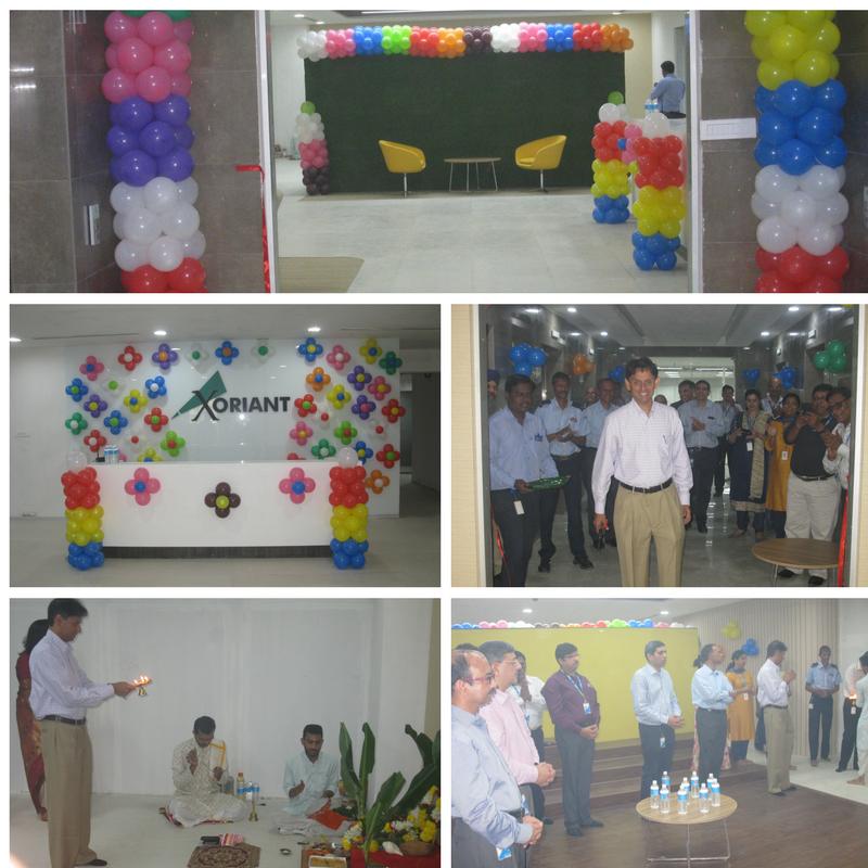 Xoriant’s collage of the October 2017 Pune office opening, with Girish Gaitonde, colleagues, balloon decorations and a lamp-lighting ceremony