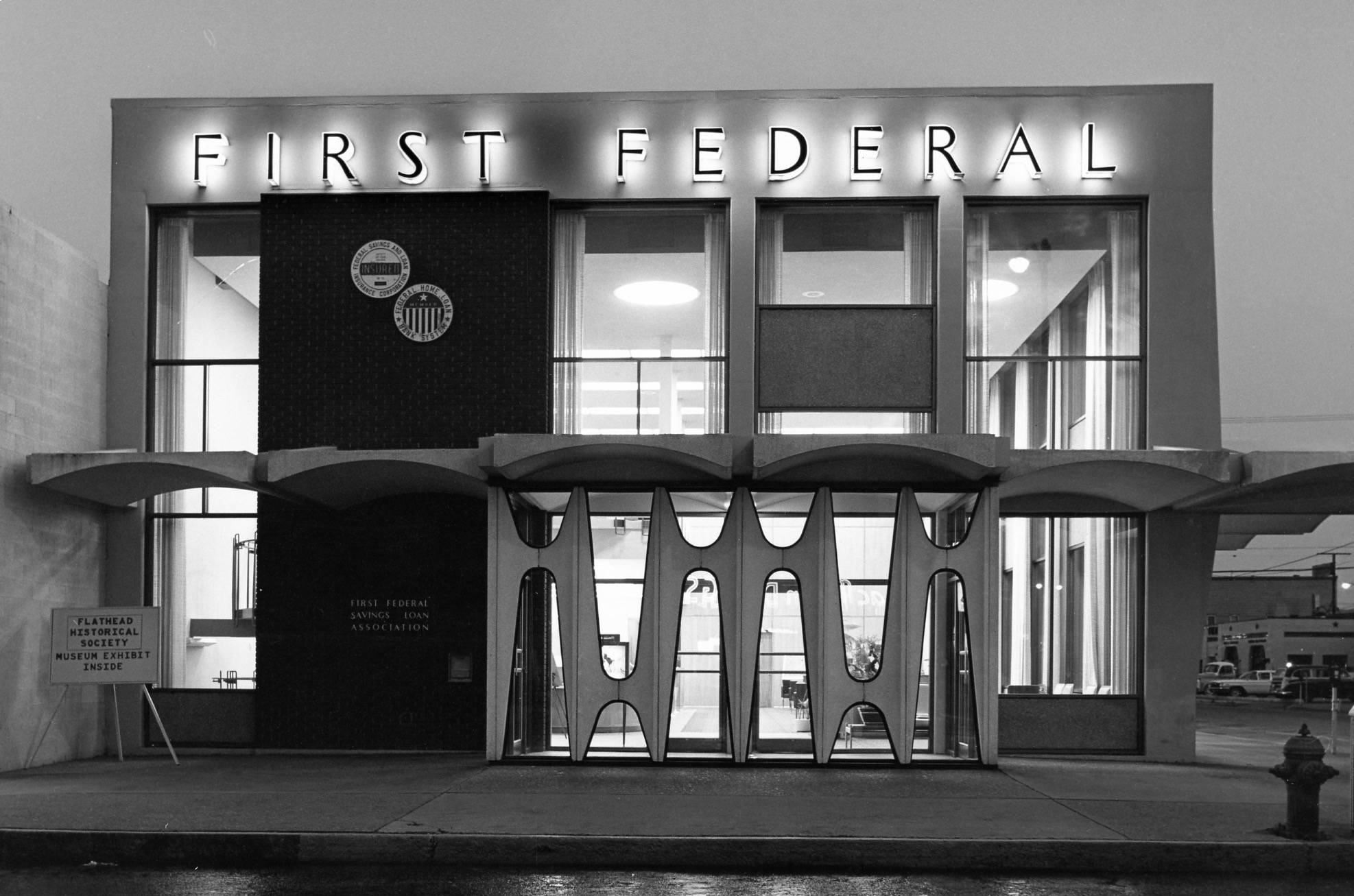 Archival black-and-white photograph of the First Federal Savings and Loan building