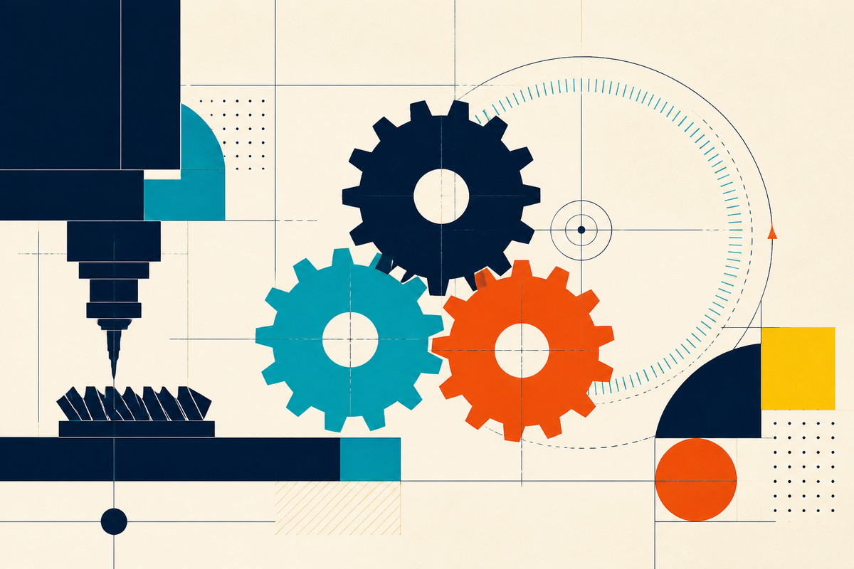 Abstract Swiss-style composition of three precision gears, a machine spindle and a metrology dial