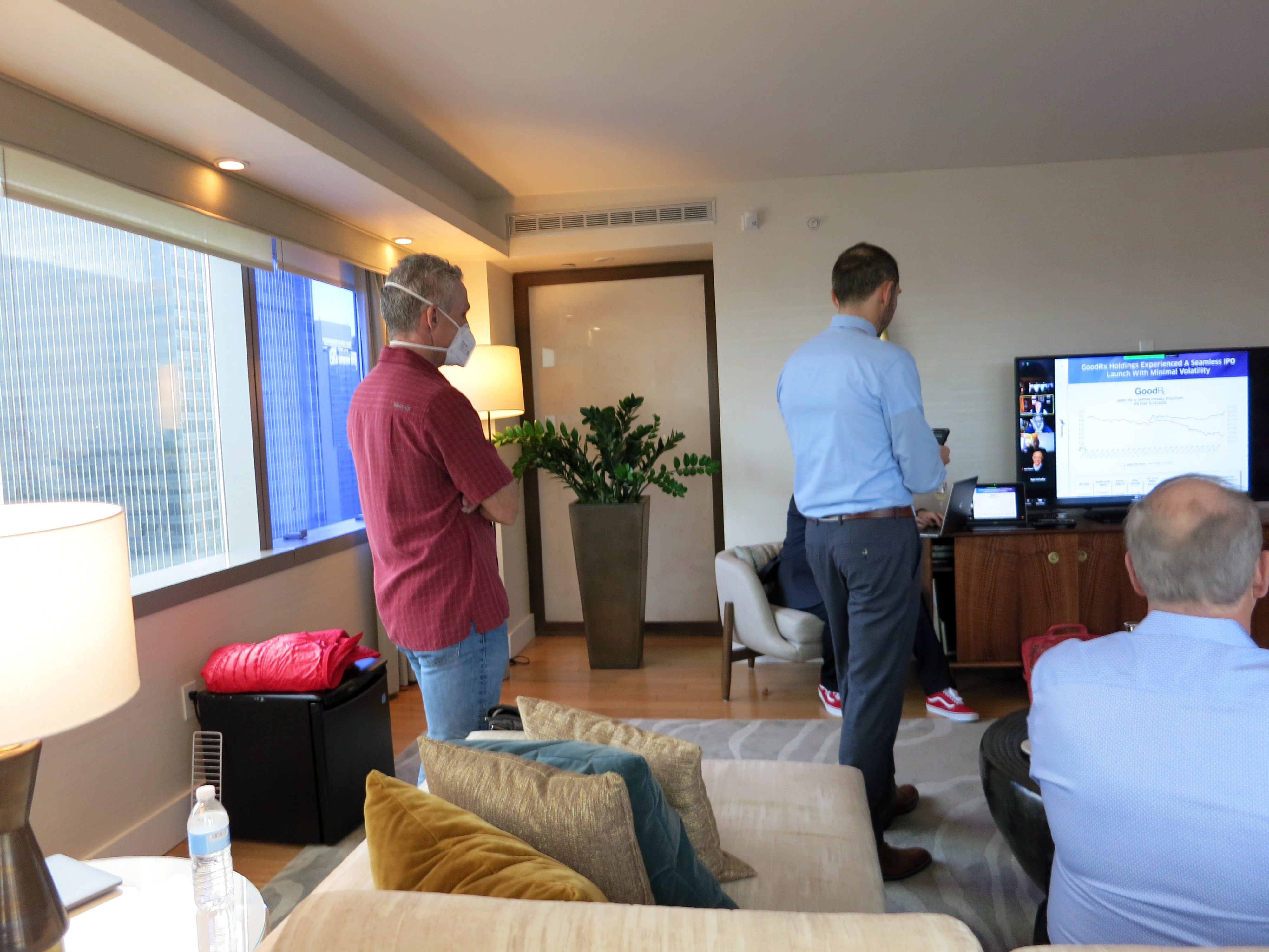 Tim Nufire and Gleb Budman stand watching a screen before Backblaze’s first public trade