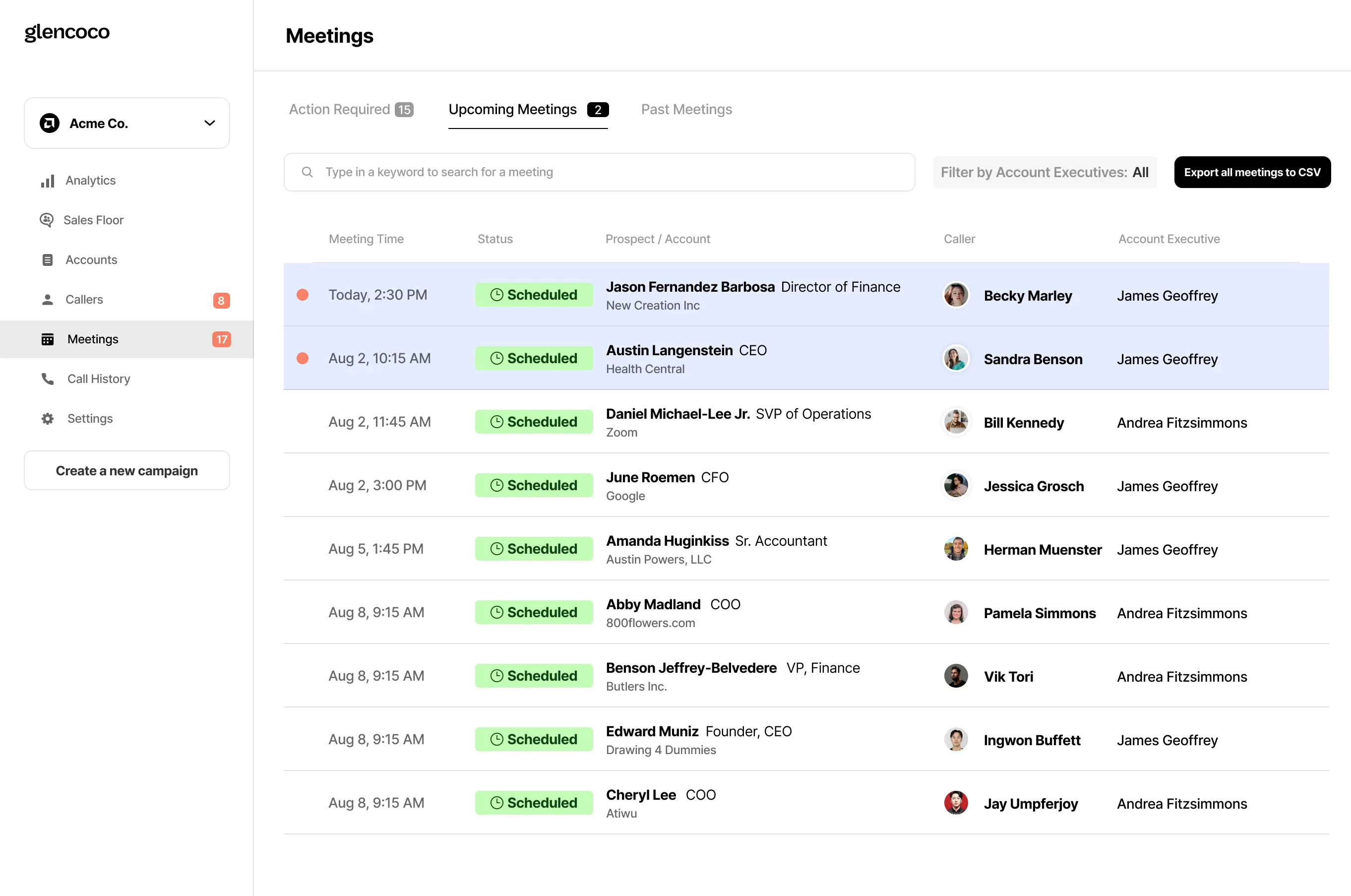 Glencoco customer platform interface showing campaign and sales management tools
