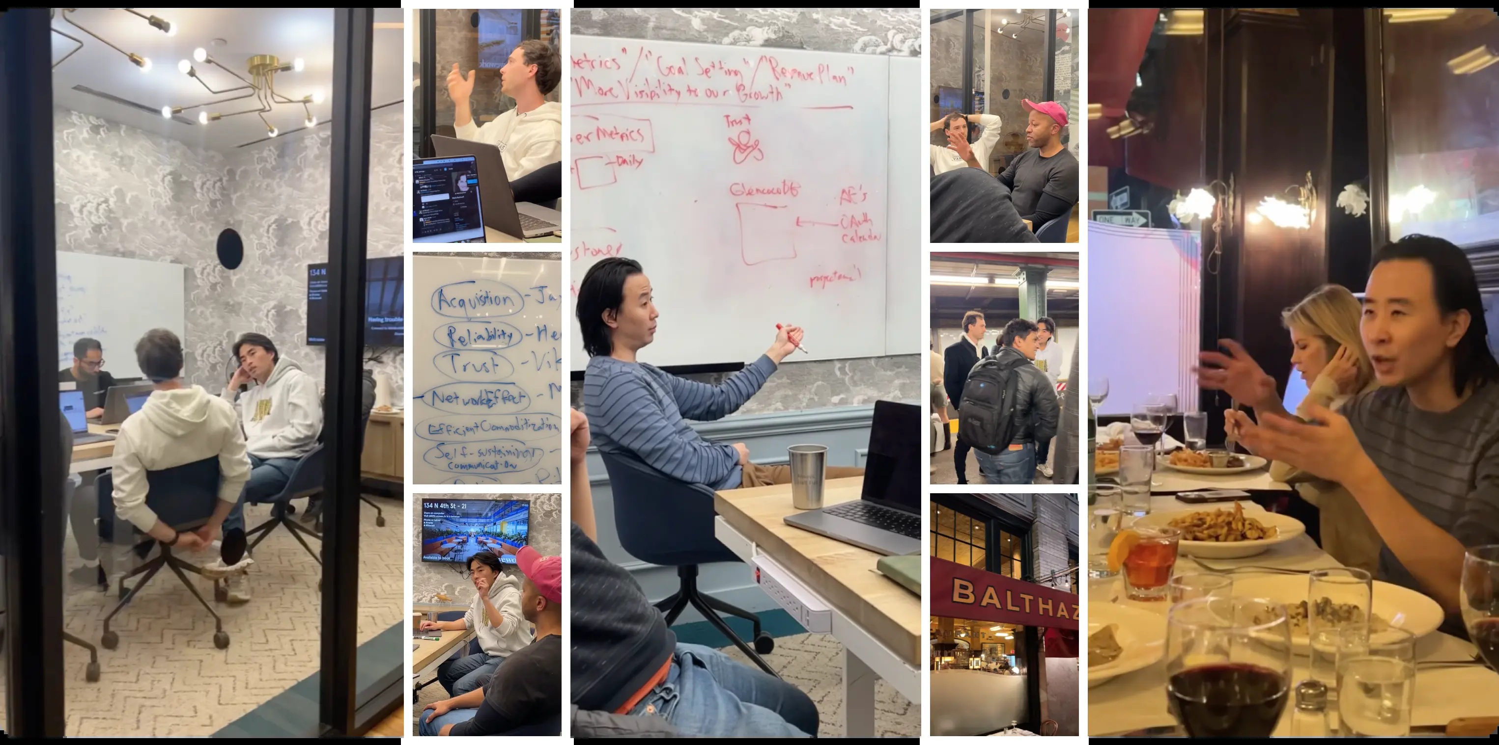 Glencoco team collage showing office discussions, whiteboard planning and a shared restaurant meal