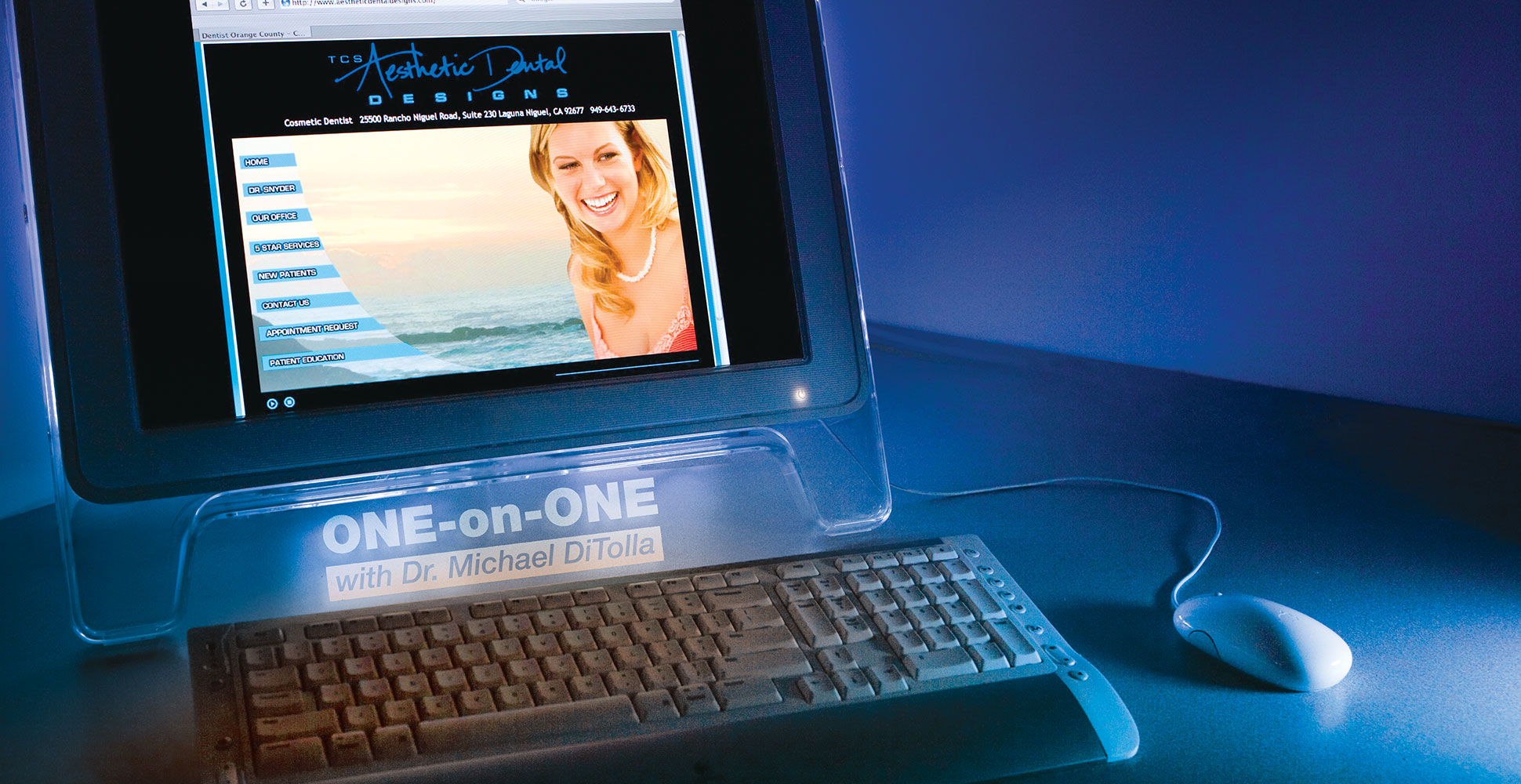An archival desktop computer showing a dental practice website from a 2008 interview with Glenn Lombardi
