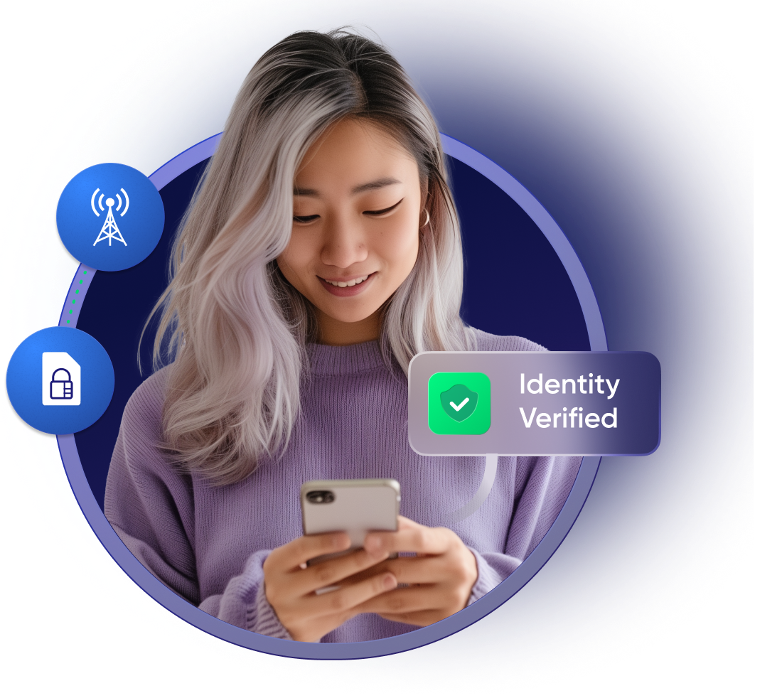 Glide illustration of a person using a phone beside a network and verified identity symbol