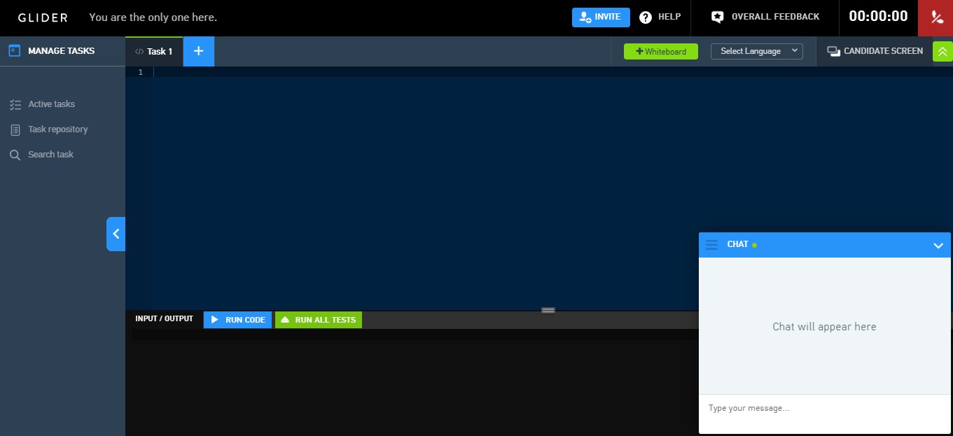 Glider AI live coding interview interface with code editor and candidate chat
