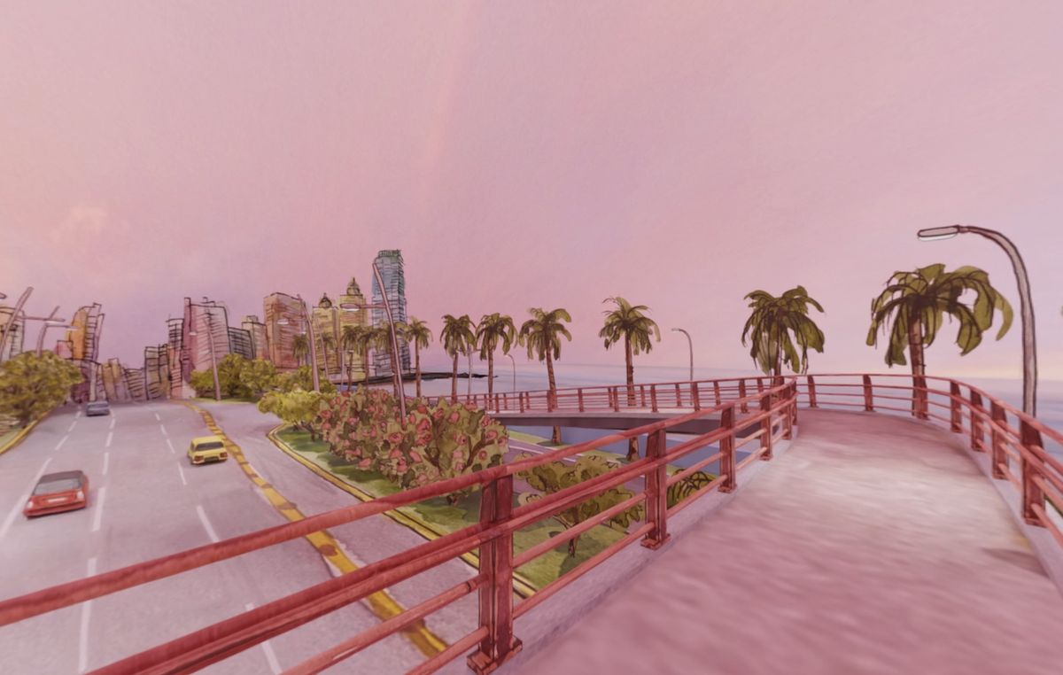 Cinta WebXR project showing a pink coastal sunset, palms, and a seaside road