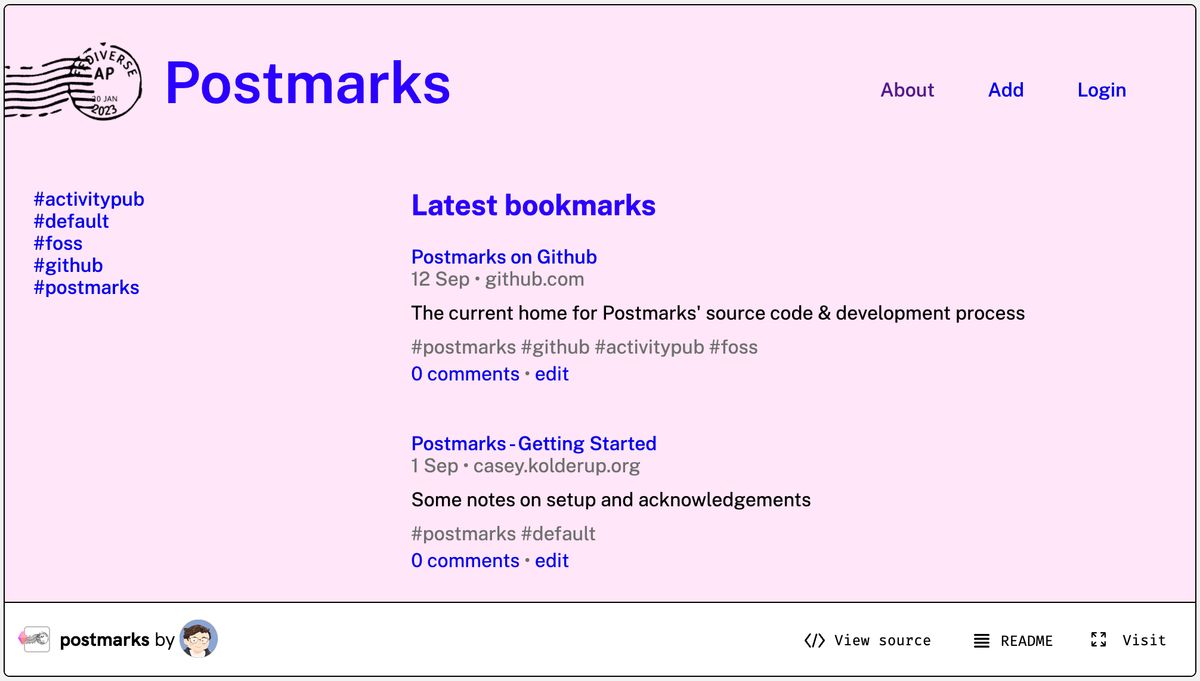 Postmarks bookmark app with links to its source, README, and running site