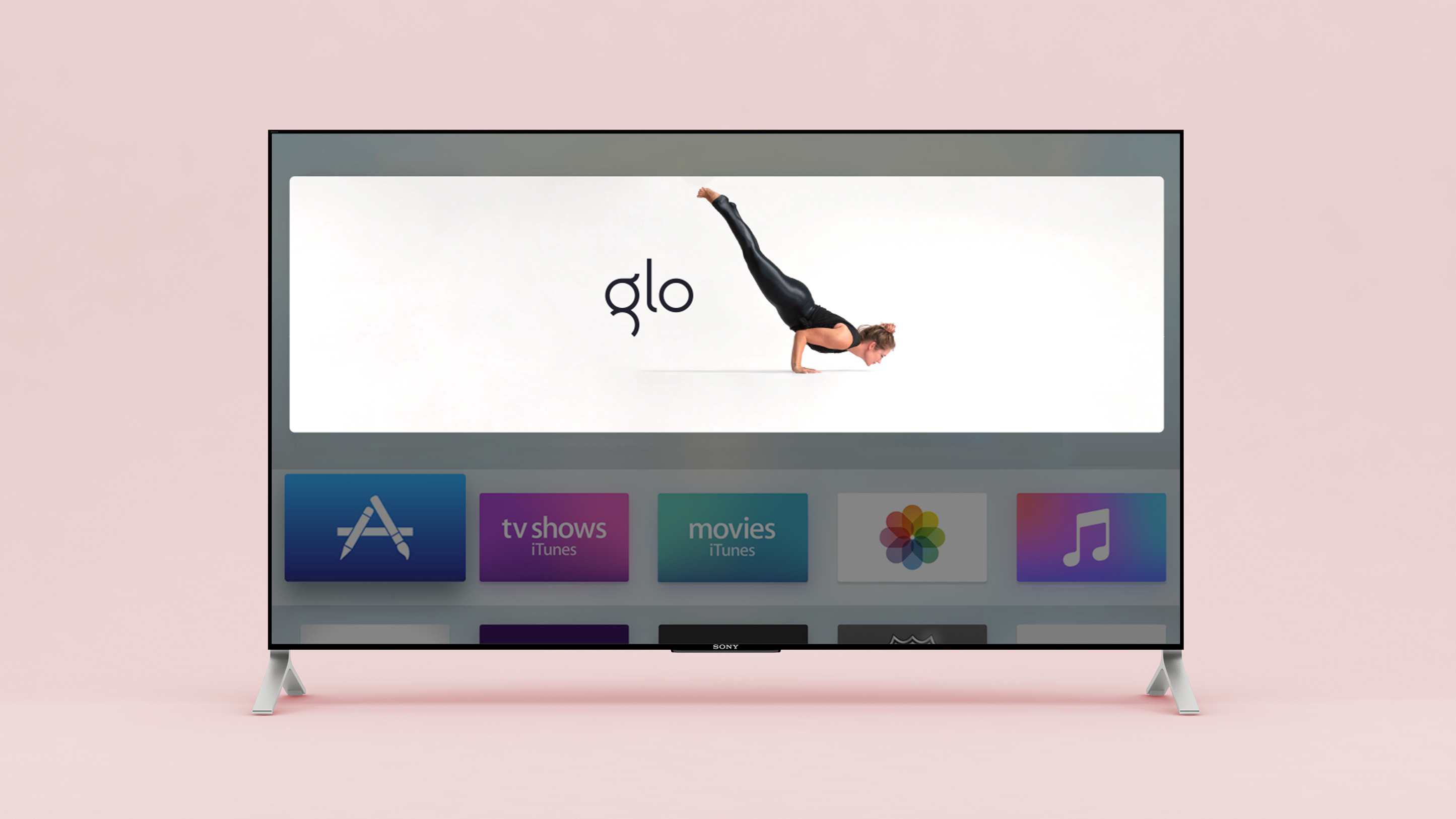 Historical Glo television app mockup showing a yoga class