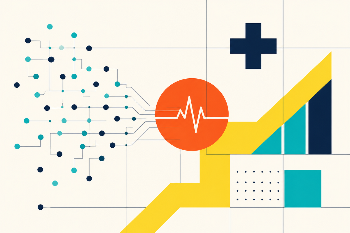 Abstract Swiss-style illustration of clinical nodes converging with a healthcare signal and rising pathway