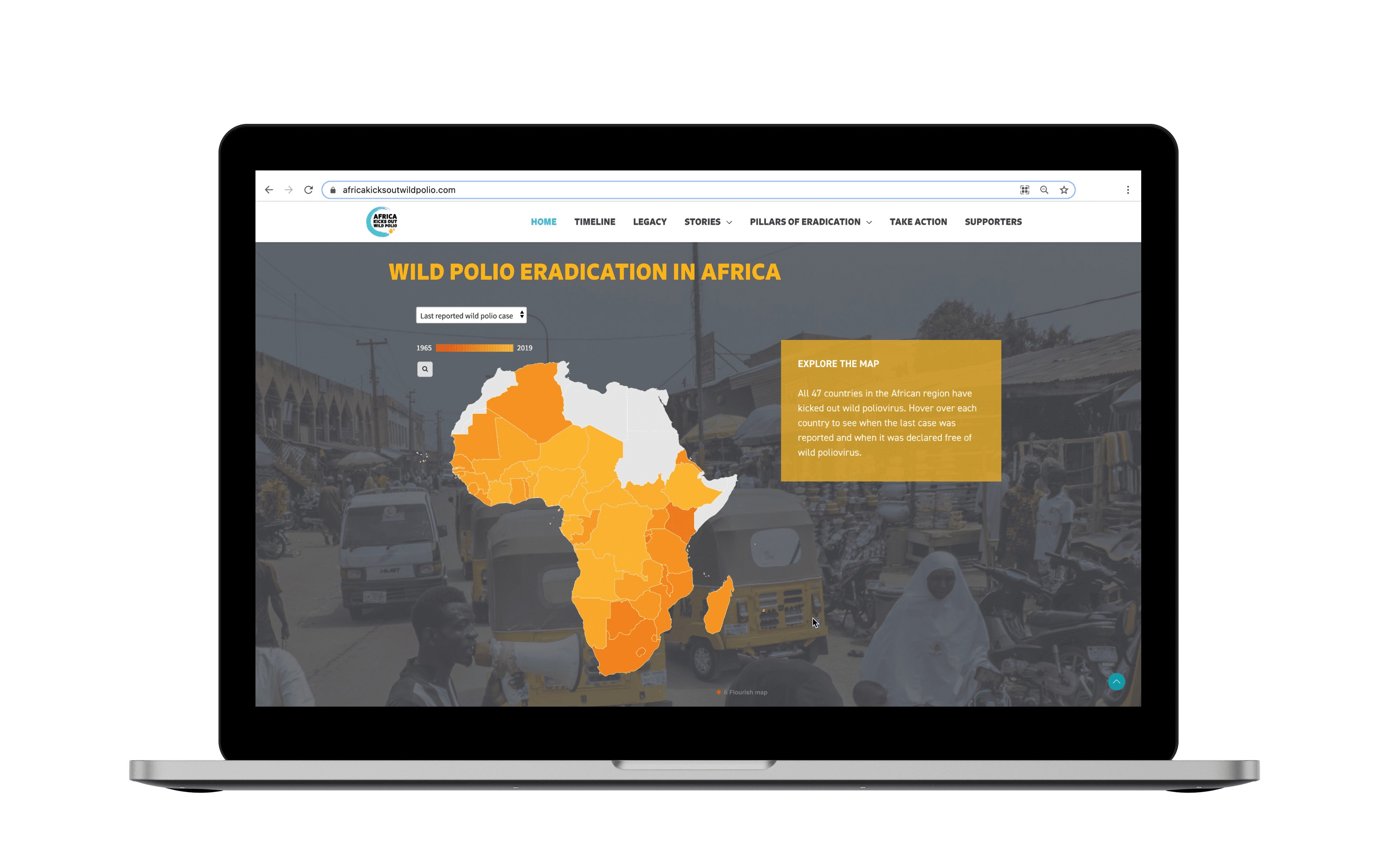 Laptop displaying the Africa Kicks Out Wild Polio campaign's interactive map