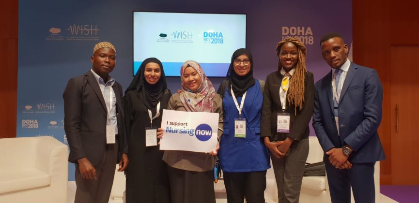 Six young nursing leaders at a Nursing Now workshop during the 2018 World Innovation Summit for Health in Doha