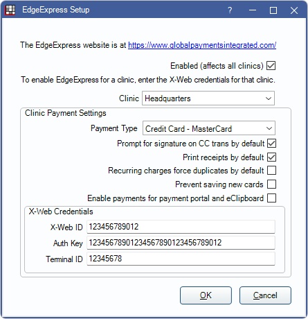 Open Dental EdgeExpress setup window with receipt, signature and recurring payment options